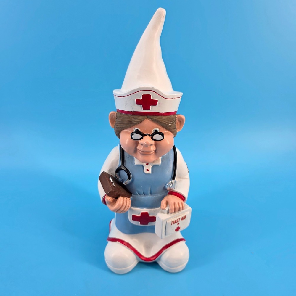 Vintage Nurse Gnome Figurine White Blue Red Cross First Aid Medical Decor 12"
